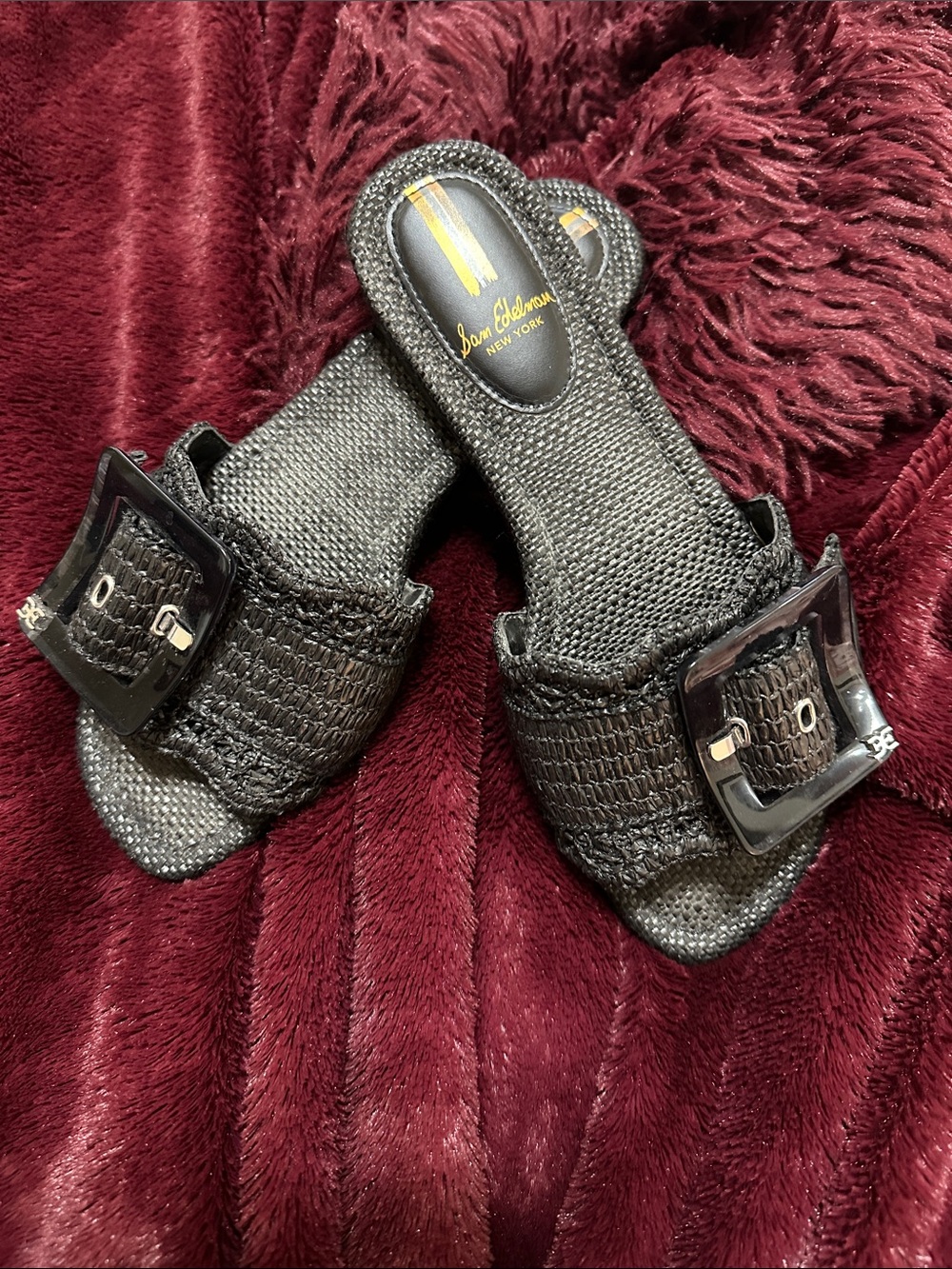 Sam Edelman Black Woven Slide Mules with Buckle Accent